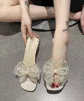 Beige Chunky Heels DIY Bow Pearl Splicing Slide Sandals